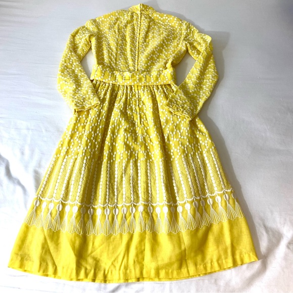 Vintage Yellow Dress Jerry Marsch for Mardi Gras Embroidered Dots Belted Flowers - Picture 11 of 12